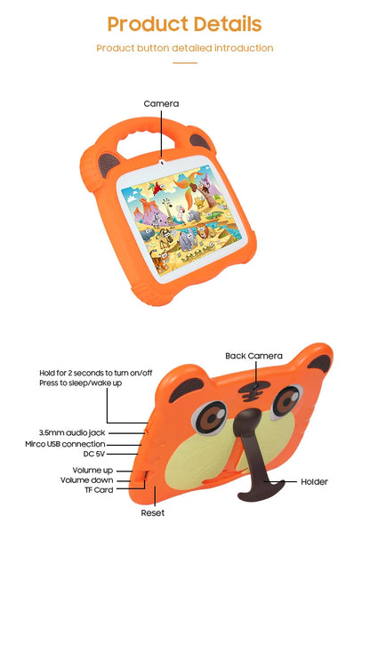 7 inch Android Kids Learning Tablet 3000mah 16GB Quad Core Android10 With tablet protective sleeve and tablet tempered film