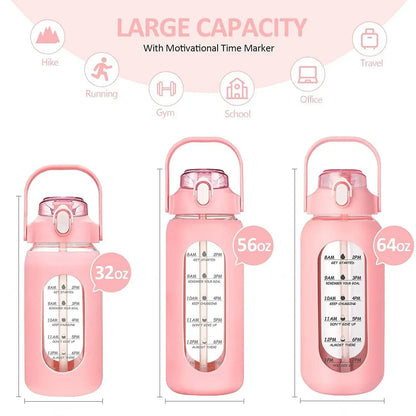 1000ML Glass Water Bottles with Straw, Glass Bottle with Silicone Sleeve and Time Marker, for Gym Camping Home Office