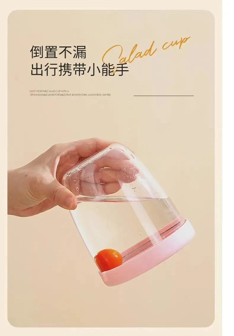 Salad Cup With Fork Cylindrical Plastic Fruit Cup Multifunctional Drainage Function Salad Container, Portable Lunch Box