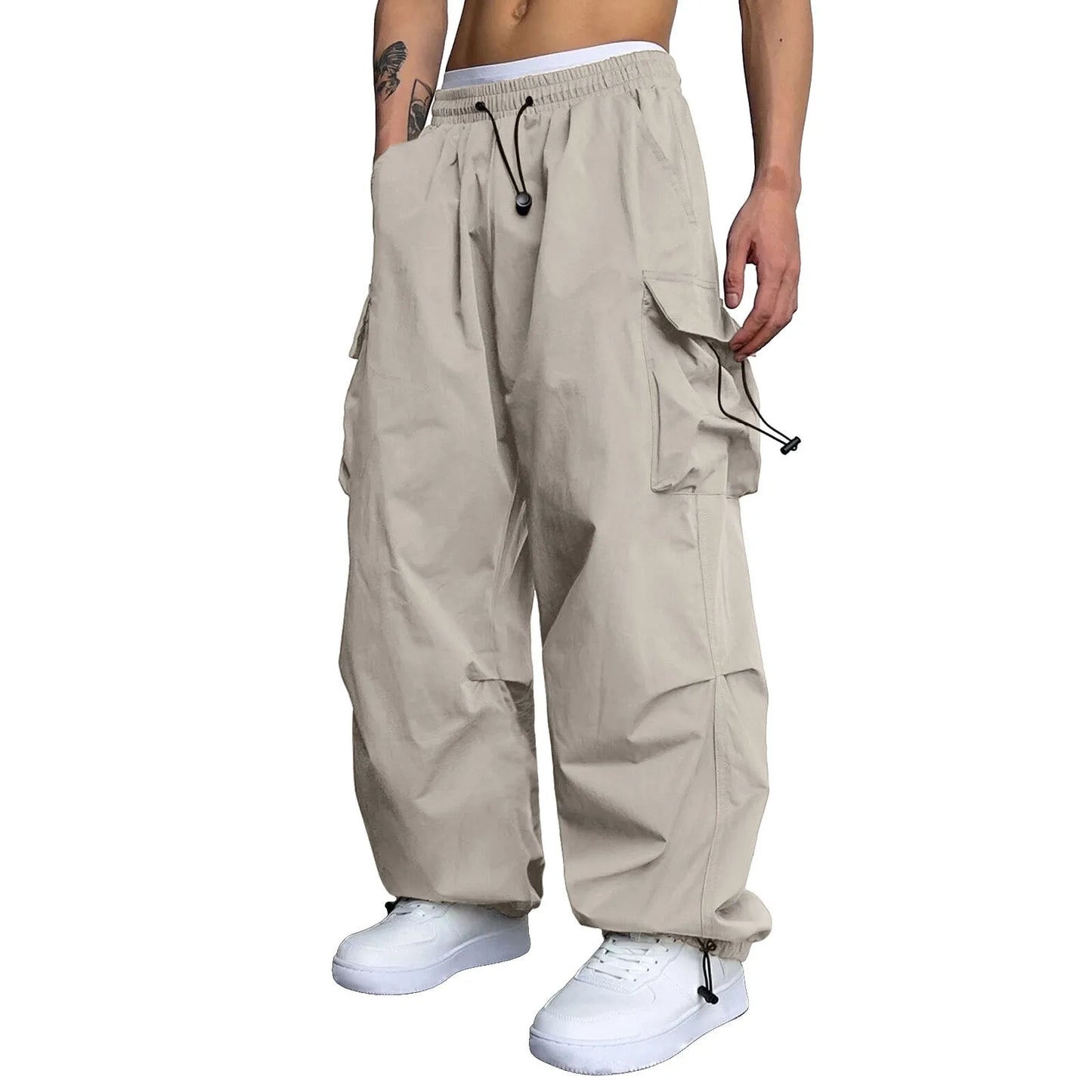 Mens Casual Sports Cargo Pants Woven Pocket Foot Rope Street Tie Solid Pants Mens Multi-Pockets Cargo Pants Pantalones Hombre