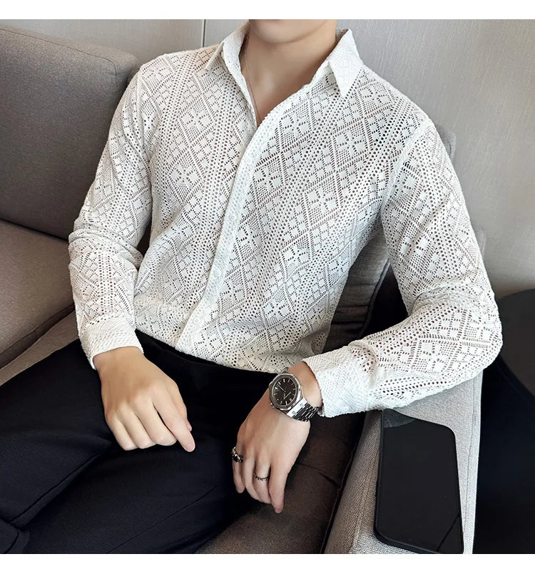 Quality Hollow Shirts For Men Korean Luxury Clothing Fashion Sexy Lace Men's Social Shirt Dress Slim Fit Long Sleeve Prom Tuxedo