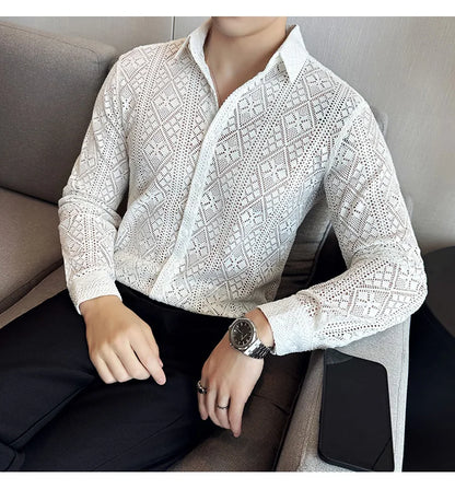 Quality Hollow Shirts For Men Korean Luxury Clothing Fashion Sexy Lace Men's Social Shirt Dress Slim Fit Long Sleeve Prom Tuxedo