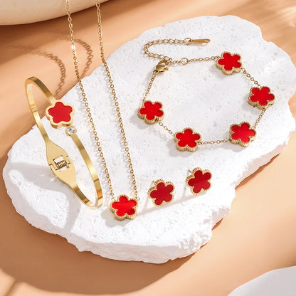 3Pcs Stainless Steel 316L Luxury Plum Blossom Plant Five Leaf Flower Necklace Earrings Bracelet For Women Gift Jewelry Sets