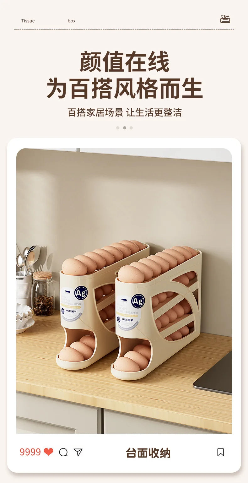 Large Capacity 30 Eggs Holder for Fridge Auto Rolling Egg Organizer, Space-Saving, 4 Tiers Fridge Egg Rack Eggs Dispenser