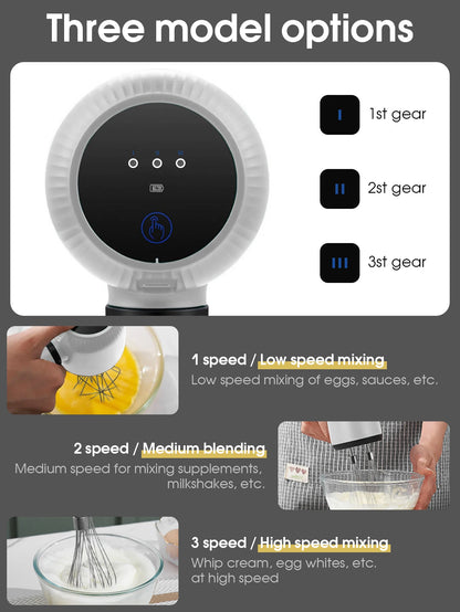 USB Rechargeable Electric Hand Blender Wireless Portable Hand Whisk Rechargeable 3-Speed And 2 Whisk For Baking Whisk Milk Cream