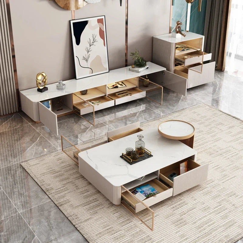 Living Room Furniture Modern Luxury Cabinet TV Stand Stainless Steel +mdf+rock Plate+solid Wood Carton + Wooden Frame Storage