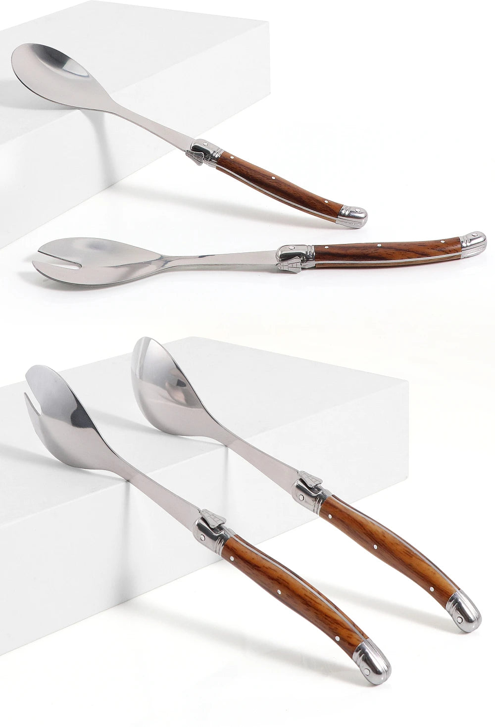 2pc/Set Stainless Steel Salad Spoons Laguiole Style Salad Stirring Spoon Slotted Spoon Wood Grain Plastic Salad Serving Utensils