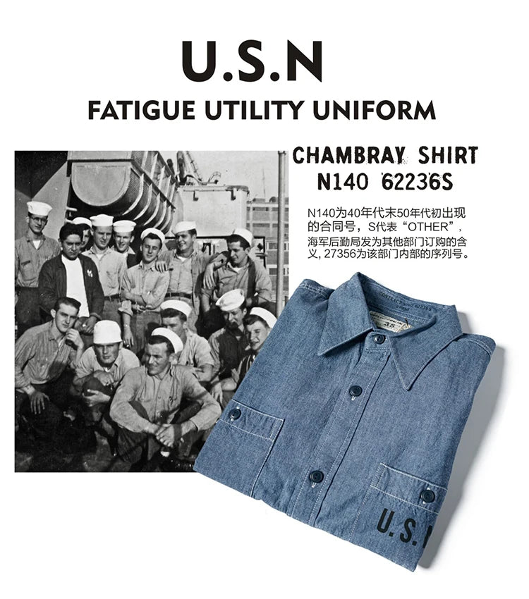 Bronson Repro USN Chambray Work Shirt Rugged Men's Selvedge Workwear Light Blue