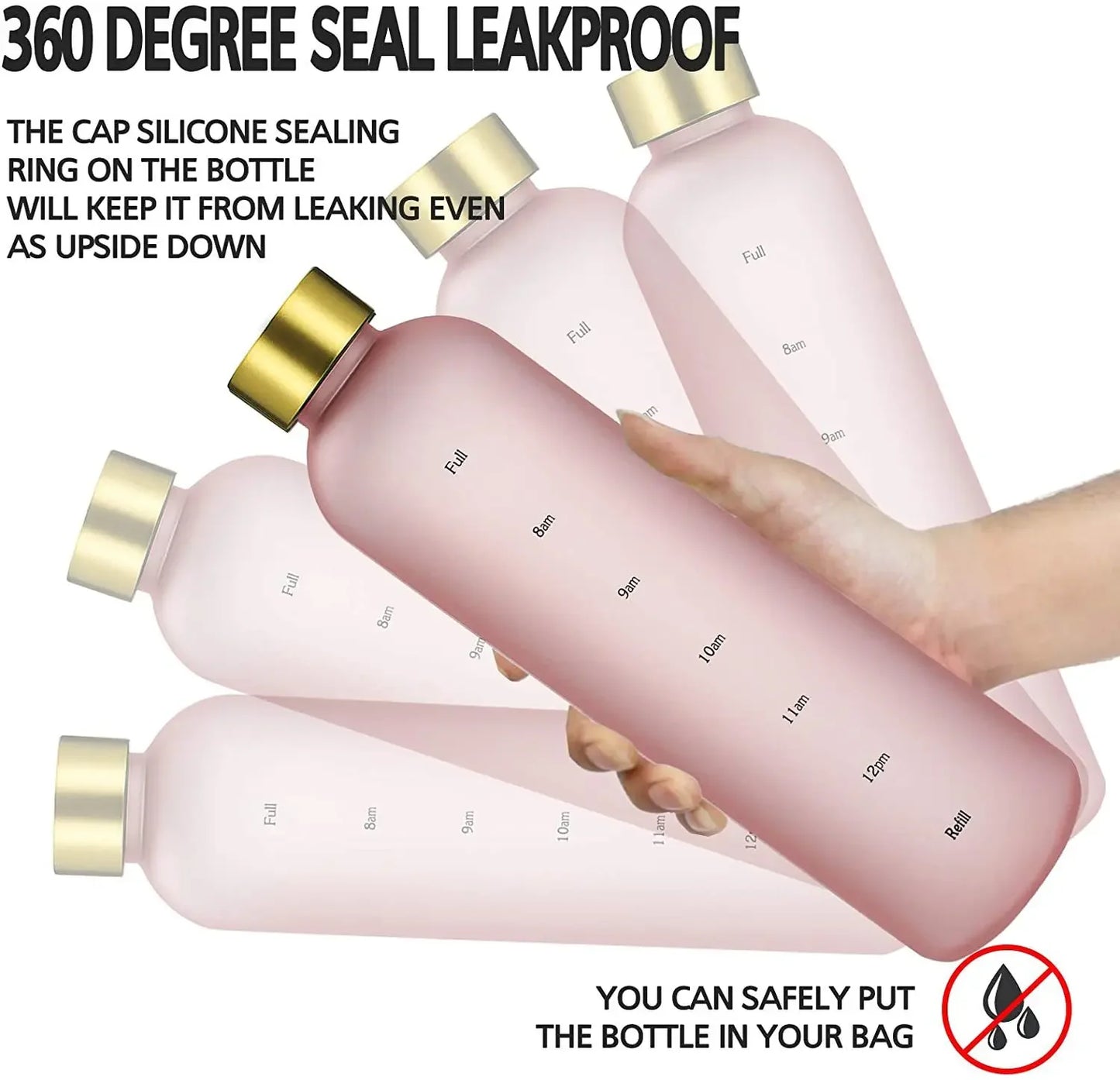 1L Water Bottle with Time Marker 320Z Large Capacity Reusable Fitness Sports Outdoors Travel Leakproof BPA Free Frosted Plastic