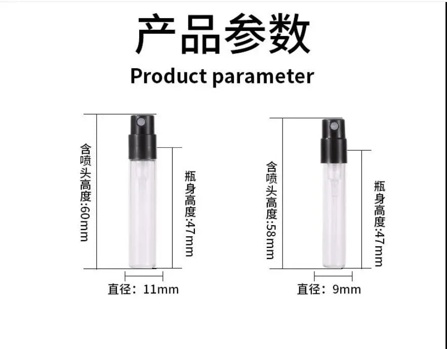 1.5ml 2ml 2.5ml Glass Bayonet bottle with White Black Clear 3 Color Plastic Sprayer Sample Spray Bottle 100pcs