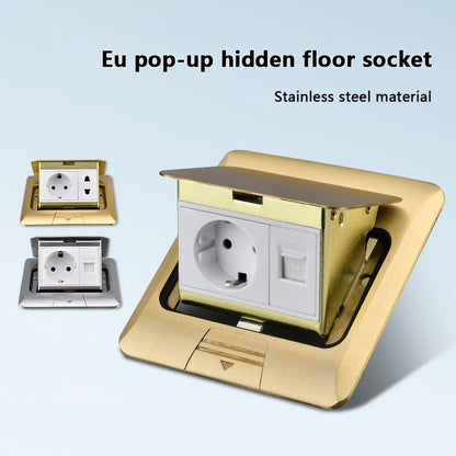 European standard hidden pop-up computer floor socket 120*120mm Gold Stainless Steel Kitchen Bedroom waterproof USB outlet plug