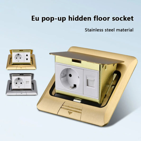 European standard hidden pop-up computer floor socket 120*120mm Gold Stainless Steel Kitchen Bedroom waterproof USB outlet plug