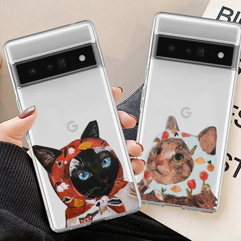 For Google Pixel 8A Vintage Animals Cat Clear Case For Google Pixel 6 6A 7 7A Pro Google Pixel 8 Pro 5G Transparent Cover Fundas