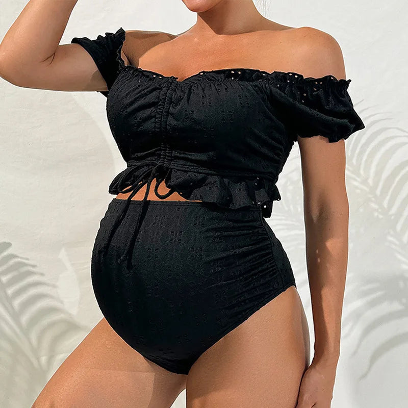Maternity Bikini Set High Waisted Two Piece Swimsuit Pregnant Women Bathers Black Bathing Suit Summer Beach Swimwear