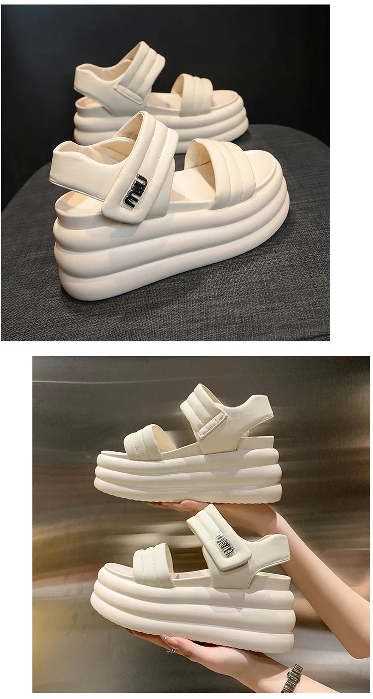 2025 Summer Women Chunky Sandals Leather High Platform Trainers Breathable Casual Slippers Shoes Woman 8.5CM Heels Wedge Sneaker