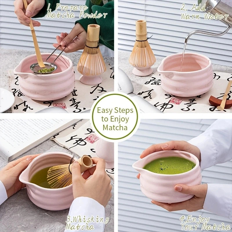 Set of 5, Japanese Matcha Mixer Set, ceramic Matcha bowl with mouth and Matcha Mixer set Matcha set,