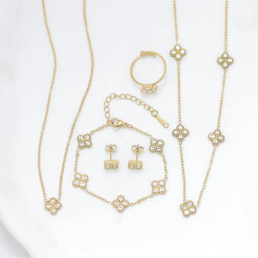 316L Stainless Steel Zircon Splicing Golden Flowers Necklace Earrings Women Girl Set New Trend Non-fading Jewelry Suit