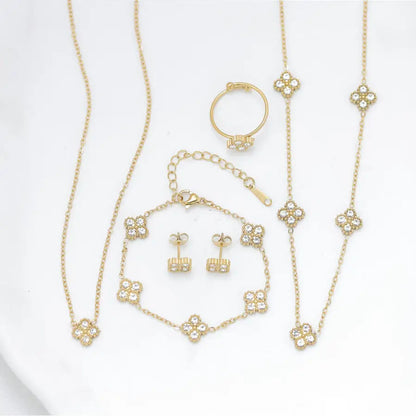 316L Stainless Steel Zircon Splicing Golden Flowers Necklace Earrings Women Girl Set New Trend Non-fading Jewelry Suit