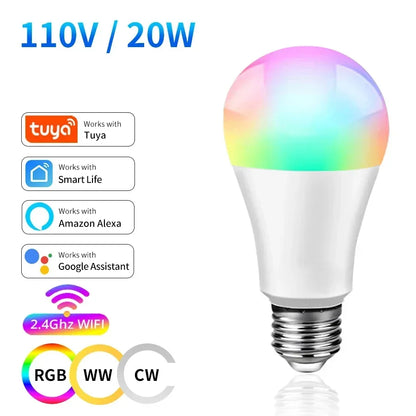 Tuya Smart WiFi Light Bulb 10W 15W 20W AC 220V 110V Voice Control APP Smart Adjustment Infinitely Dimmable Timer Off E27 Bulb