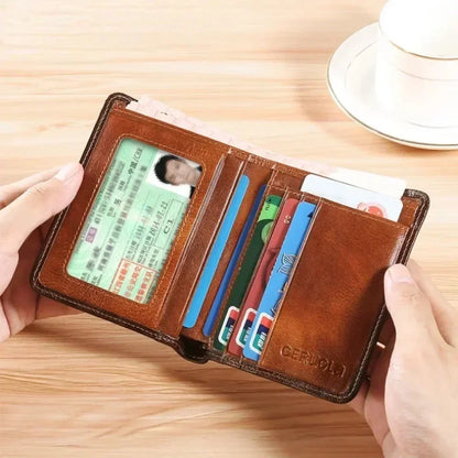 Men's Wallets RFID Blocking Genuine Leather Trifold Business Short Purse Wallet for Men with ID Window and Credit Card Holder