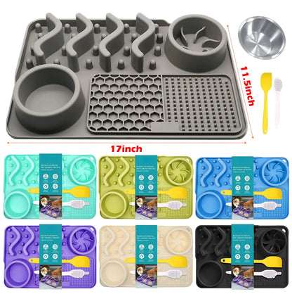 Slow Feeder Mat for Pets - Non-Toxic Silicone (Turquoise) Upgraded Anxiety and Boredom Relief Tool with Aluminum Bowl,17x11x2 in