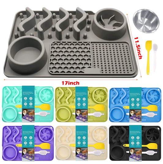 Slow Feeder Mat for Pets - Non-Toxic Silicone (Turquoise) Upgraded Anxiety and Boredom Relief Tool with Aluminum Bowl,17x11x2 in