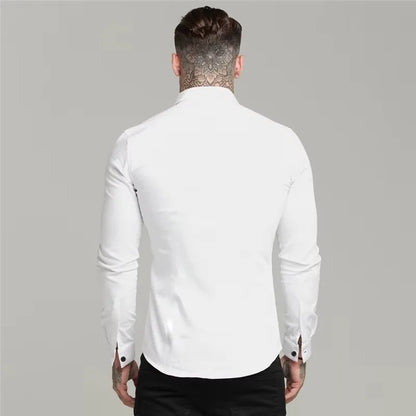 Men's Shirt Fashion Full Sleeve Shirt Men's Muscle Casual Slim-fit Business Dress Solid Color Shirt Men's Gym Fitness Men Shirt