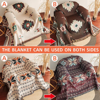 Aztec Blanket, Oversized Boho Throw Blanket with Fringe, Southwestern Geometric Tapestry Vintage Woven Throw Blankets, Double-Si
