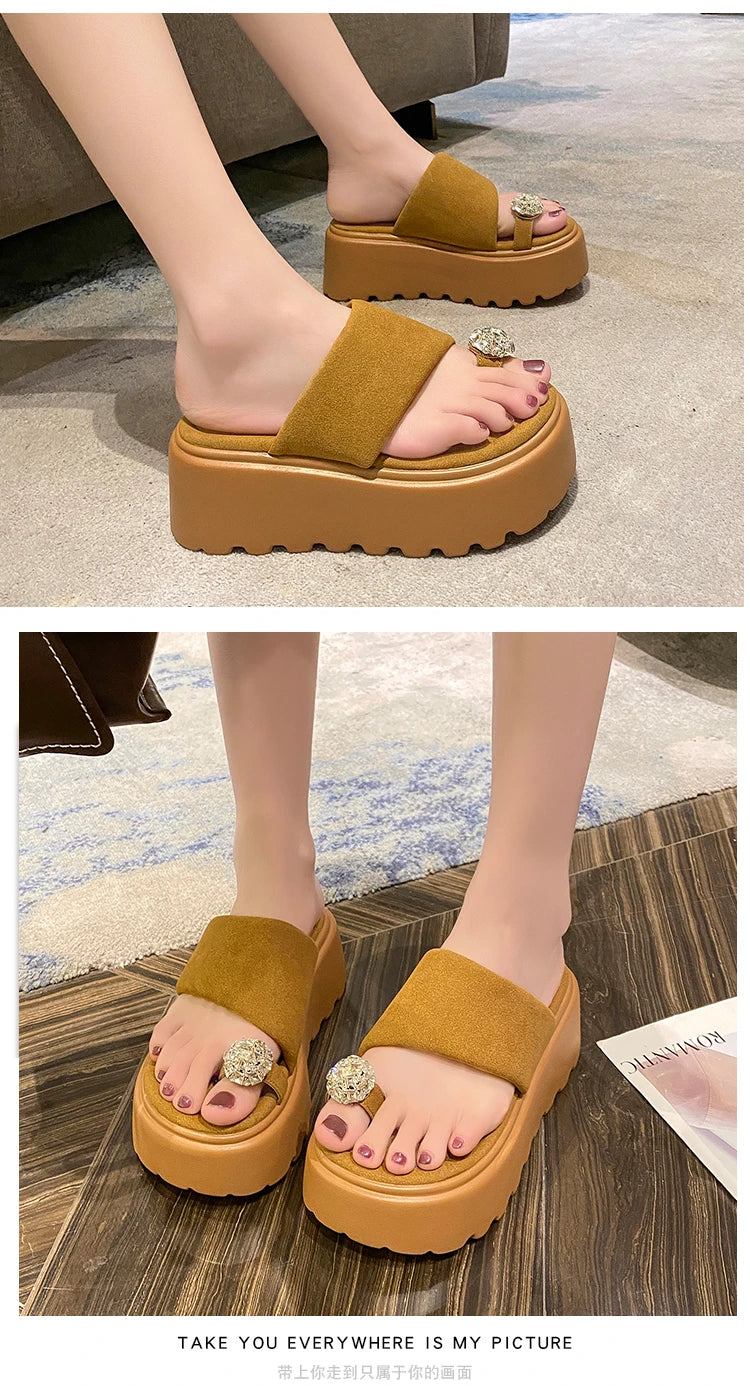 7cm Shiny Rhinestone High Platform Slippers Women Butterfiy-Knot Heels Chunky Sandals Woman Summer Thick Bottom Wedges Slides