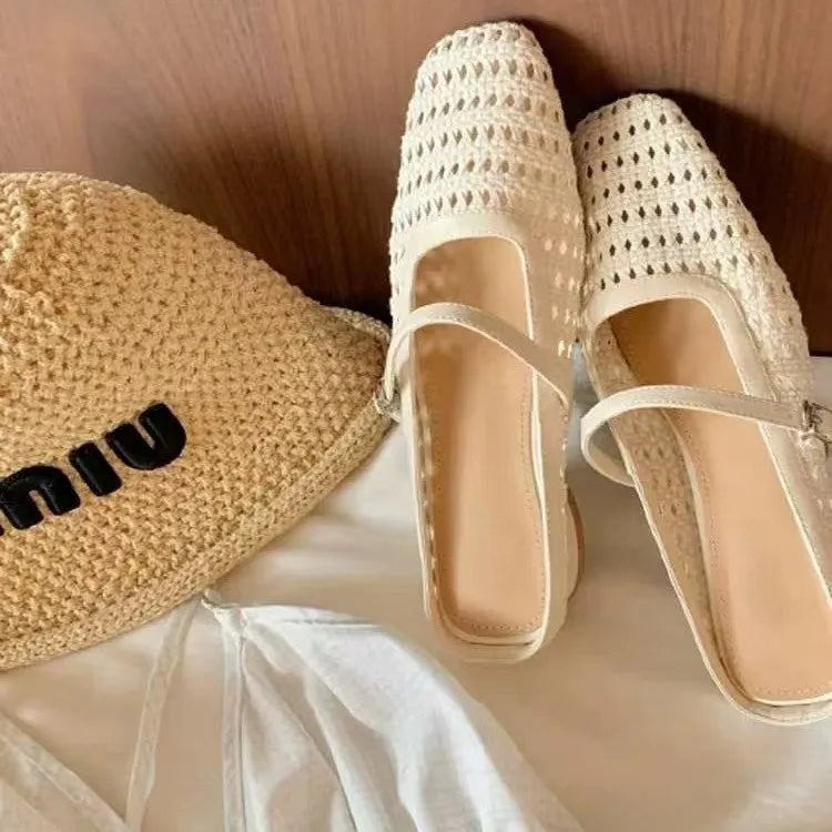 Fashionable slippers, women's hollow toe half-slippers, 2025 summer new square-toed low-heel comfortable women's shoes