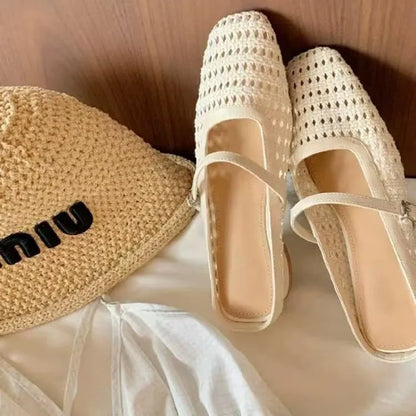 Fashionable slippers, women's hollow toe half-slippers, 2025 summer new square-toed low-heel comfortable women's shoes