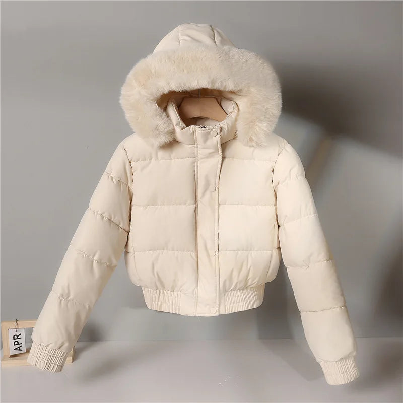 2024 Quilted Hooded Down Jacket Women's Winter Thick Cotton Coat Warm Bakery Coats Big Fur Collar Loose Cotton Coat