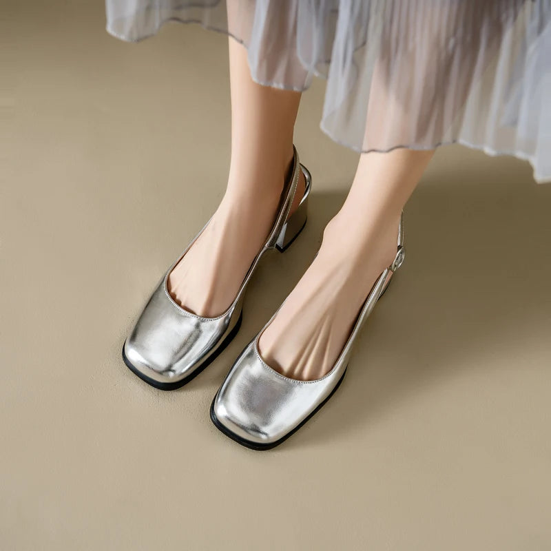Fashion Slingback Sandals Shoes Women Block Heels Close Toe Party Office Shoes Ladies Elegant Short Heeled Silver Mules Shoes
