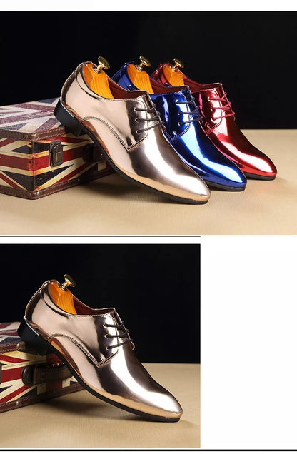 Fashion Trend Patent Leather Men Wedding Shoes Gold Blue Red White Oxfords Shoes Designer Pointed Toe Dress Shoes Big Size 37-48