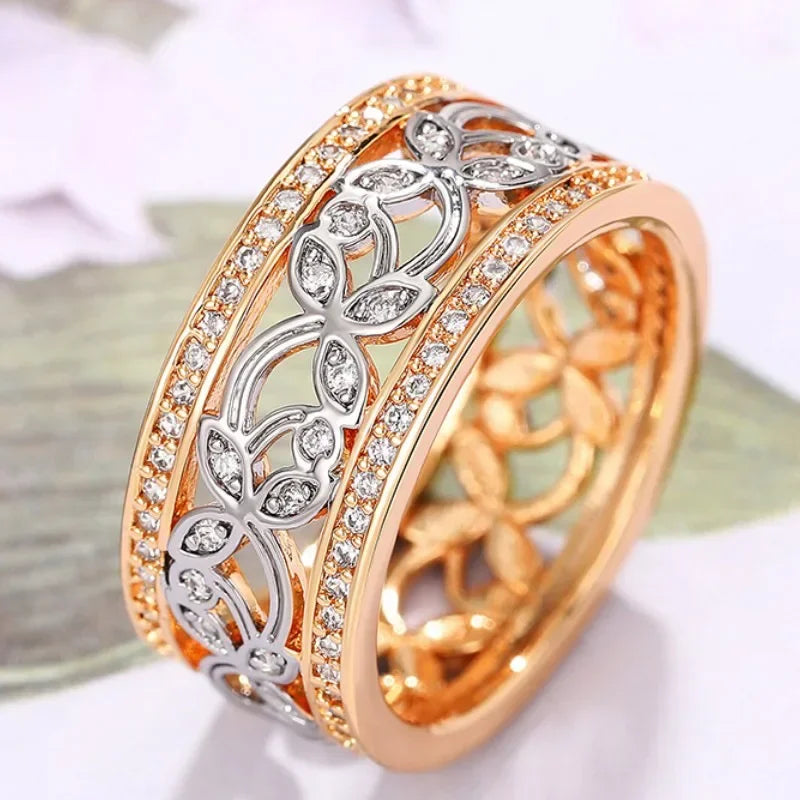 Popular Women's Ring with Sparkling Cubic Zirconia Hollow Heart Leaf Design in Two Tone Hip Hop Rock  Party Girl Jewelry