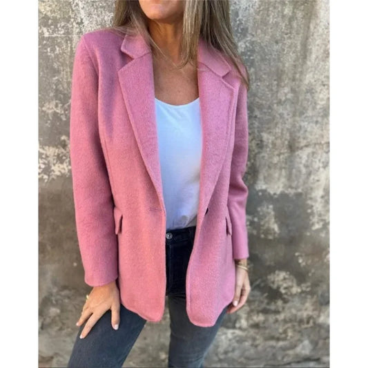 Office Lady New Elegant Chic Jacket Long Sleeve Lapel Button Loose Outwear Tweed Jacket 2025 Autumn Winter Women Woolen Coat