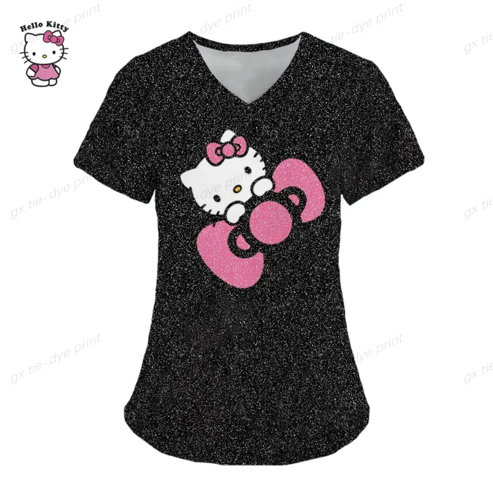 Hello Kitty Print surgical uniforms pharmacy hospital nurse scrubs tops breathable beauty salon dentistry pet doctor overalls