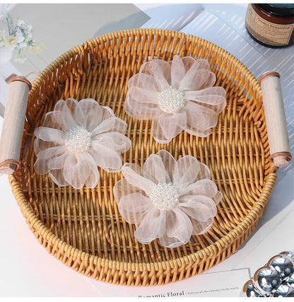 Fabric Hair Accessories For Clothing Bags Decorative Parches Applique Pearl In Center 3D ROSE Burnt Tulle Organza Hair Flower
