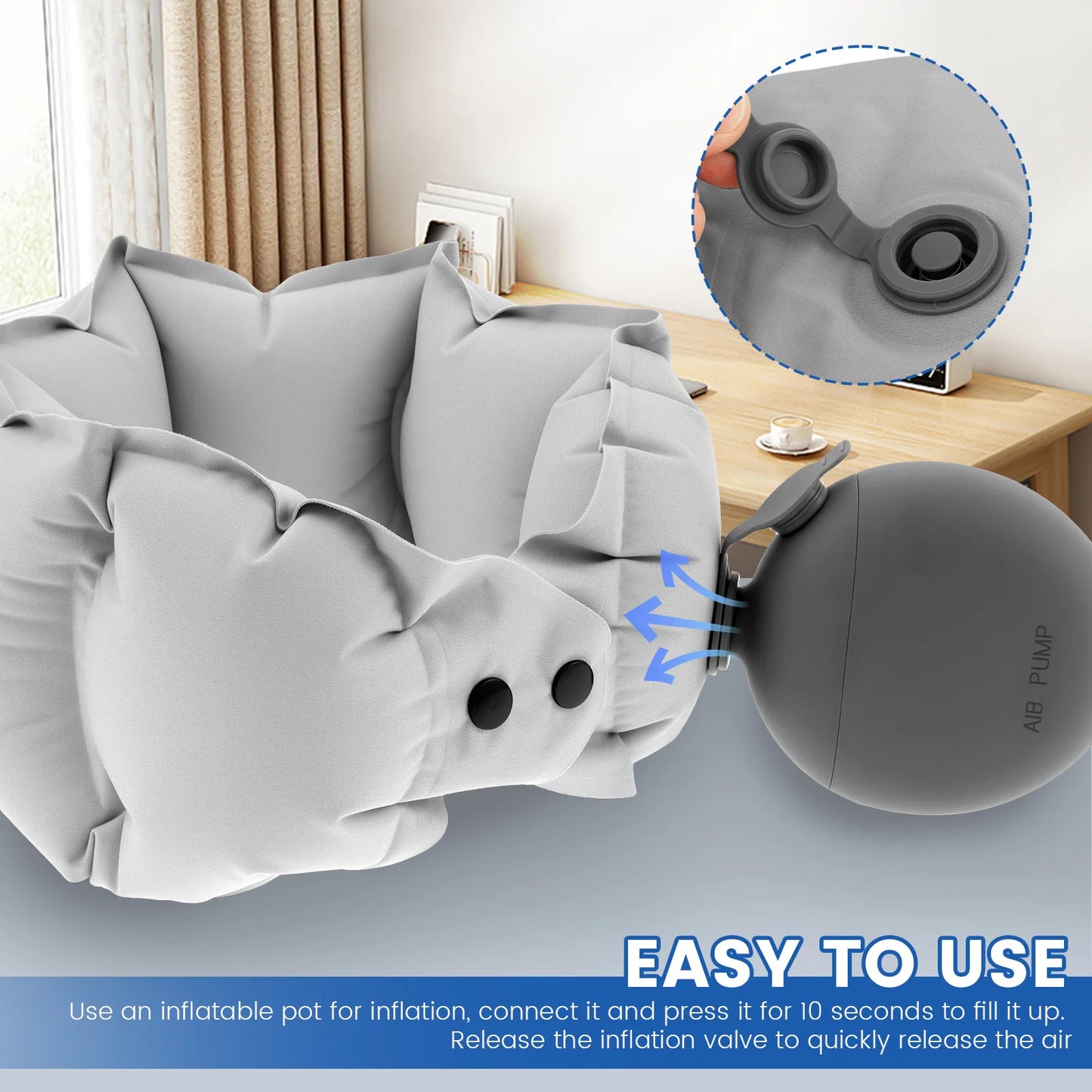 Inflatable Travel Pillow Soft Breathable Neck Headrest with Inflatable Pot 360° Support Airplane Pillow for Office Car Camping