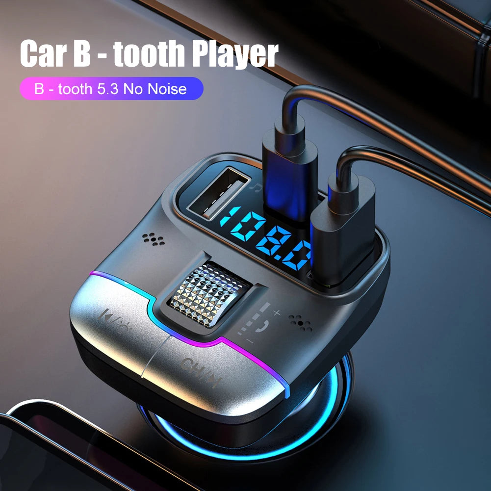 Bluetooth 5.3 Car FM Transmitter Wireless Bluetooth Car Adapter MP3 Player Handsfree Call Dual USB PD Fast Charger Roller Wheel