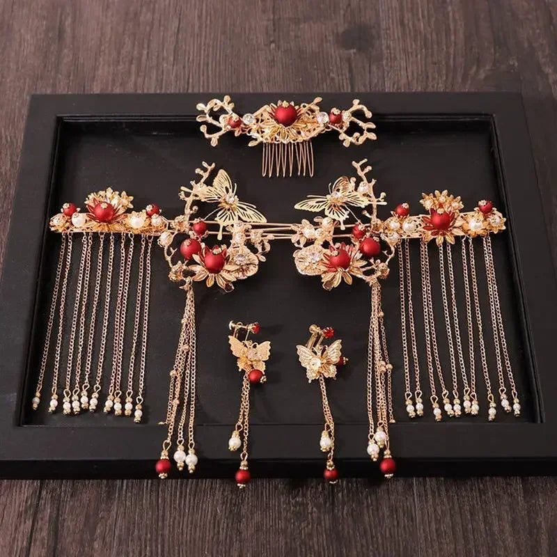 Xiuhe Headwear Accessories Chinese Hanfu Bridal Hair Accessories Set Tassel Dragon Phoenix Coat Hair Accessories Ancient Gifts