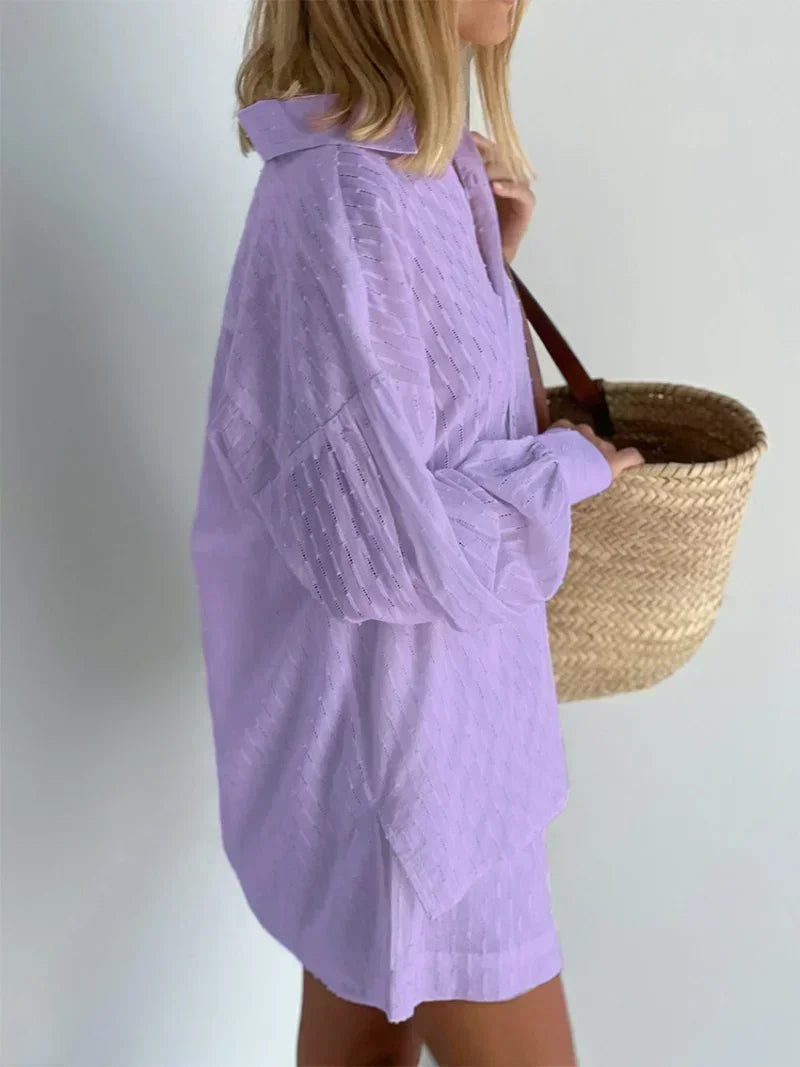 Casual Loose Women Short Two Piece Set Suit Fashion Blouse Long Sleeve Shirt Lady Simple Style Shorts Streetwear Blouse Tops