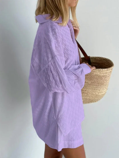 Casual Loose Women Short Two Piece Set Suit Fashion Blouse Long Sleeve Shirt Lady Simple Style Shorts Streetwear Blouse Tops