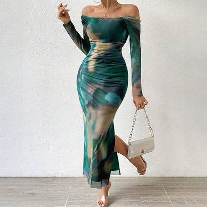 Mia Muse Autumn Winter Women's Dresses Fashion Fitting Slim Gradient Color Long Sleeve Scoop Neck Maxi Dresses