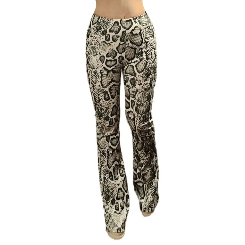 Womens Serpentine Print Flare Pants Stretch Boho Bell Bottoms High Waist Wide Leg Long Palazzo Pants Y2K Streetwear Trousers