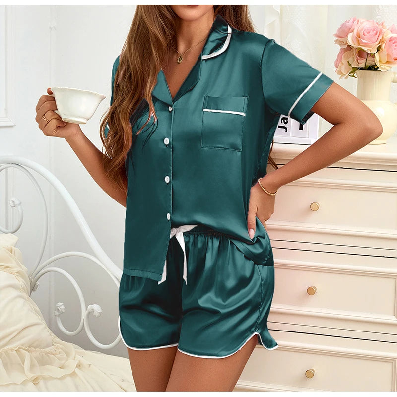 Women Silk Satin Pajamas Set Two-piece Pj Sets Sleepwear Loungewear Button-Down Pajama Women 2 Piece Pijama Homewear Shorts Set
