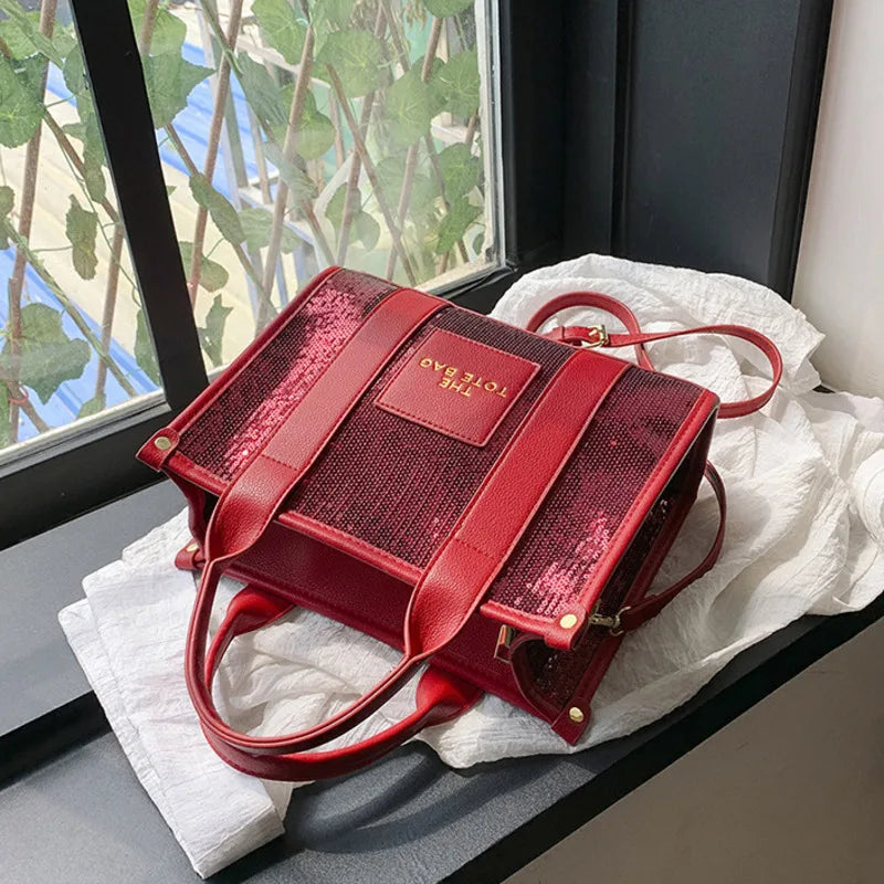 Women's Tote Bag Sequin Shoulder Bag PU Leather Large Capacity Luxury Designer The Tote Bag For Women Crossbody Bags 2024 New