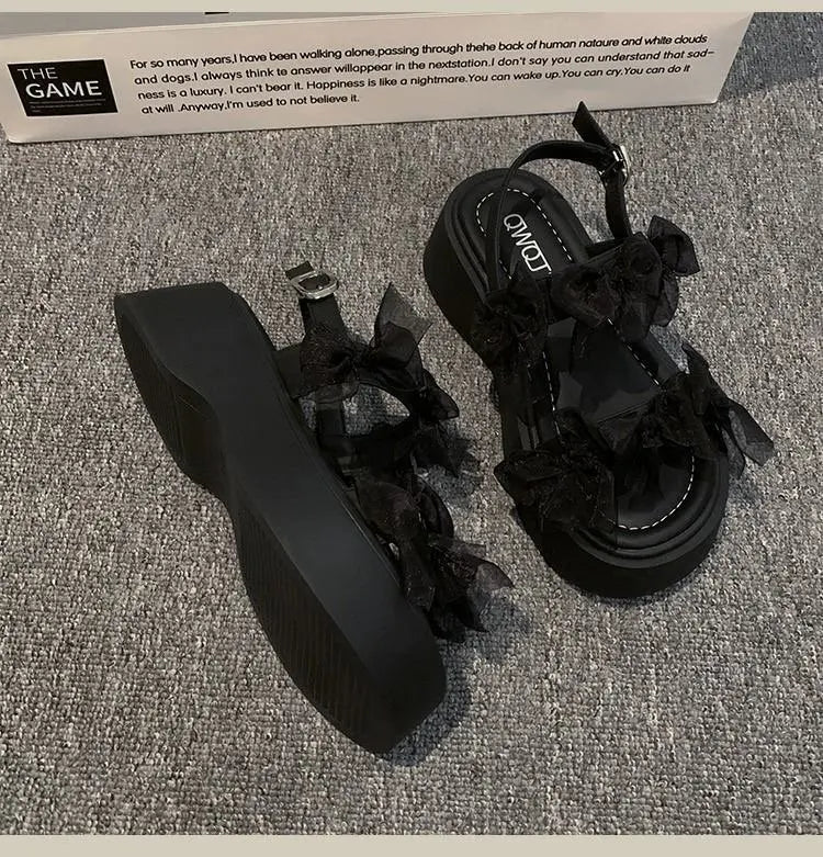 Women's Layered Bow Platform Sandals - Thick Cushioned Sole with Adjustable Ankle Buckle for Summer Casual Wear