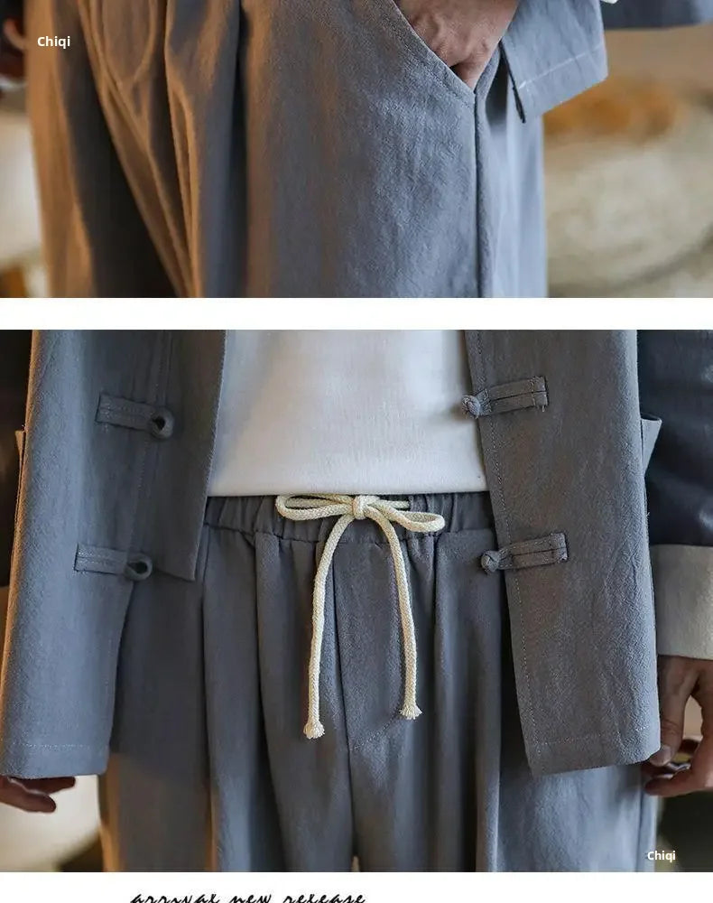 Traditional Chinese Men's Tang Suit Cotton Linen Ancient Costume Tea Servant Zen Meditation Clothing Middle Mountain Hanfu