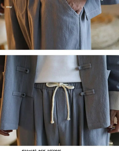 Traditional Chinese Men's Tang Suit Cotton Linen Ancient Costume Tea Servant Zen Meditation Clothing Middle Mountain Hanfu